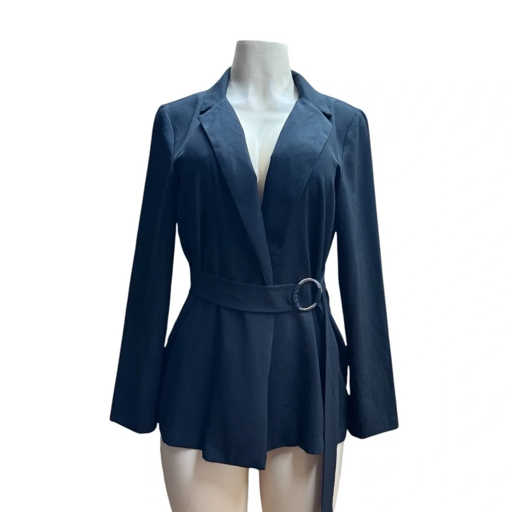 HAVE. Black Blazer with Belted Wrap and Peaked Lapels - Picture 1 of 6